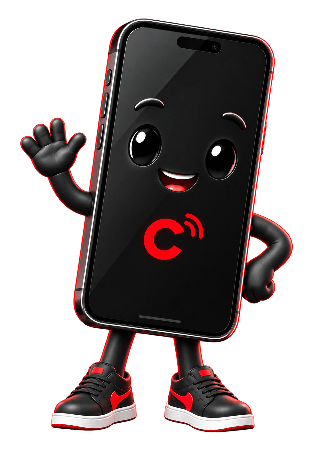 Celular mascota de CONECTAMOS, negro con detalles rojos, sonriendo y saludando